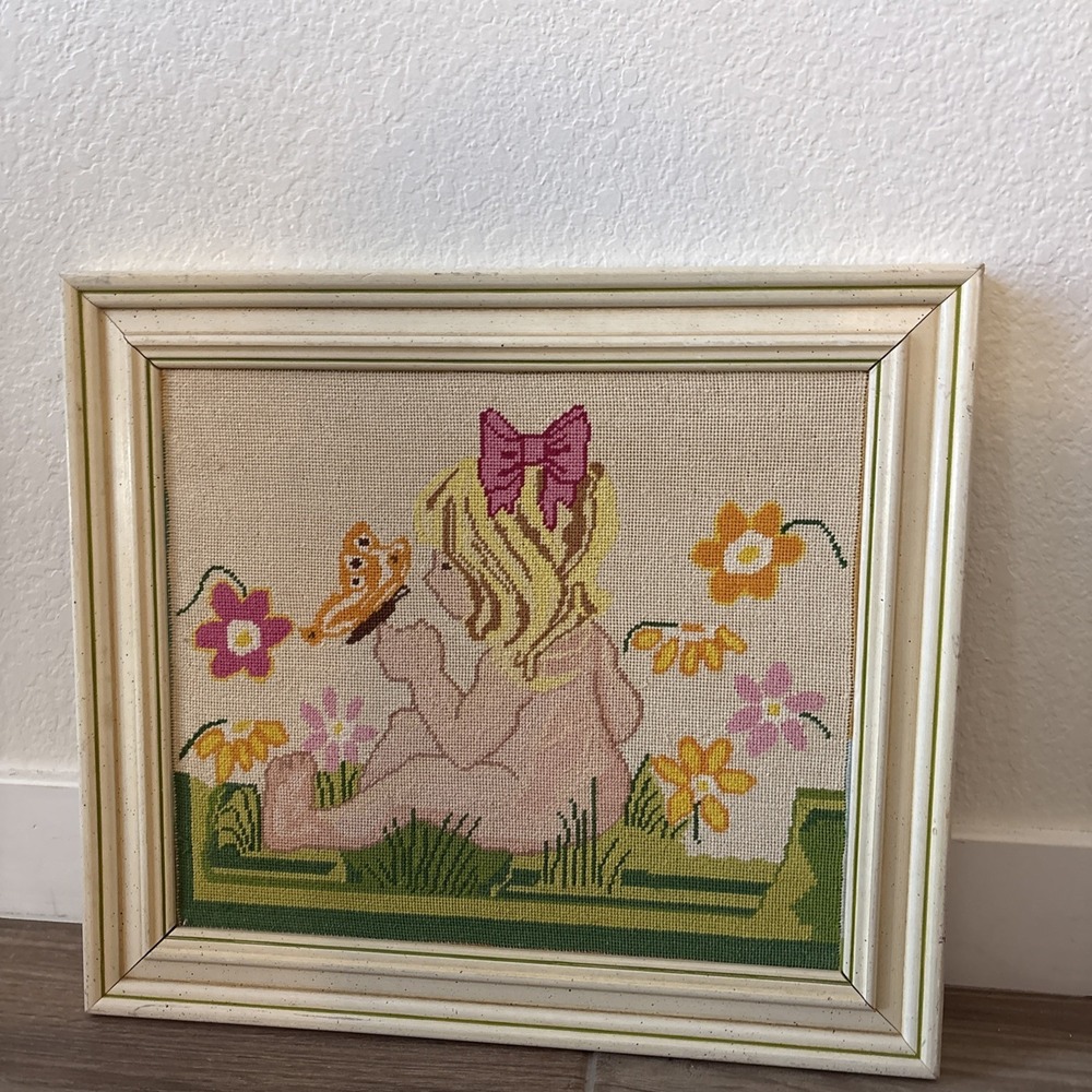 Vintage Framed cross Stitched Girl Garden Nursery Art Wood Frame 19" x 17"
